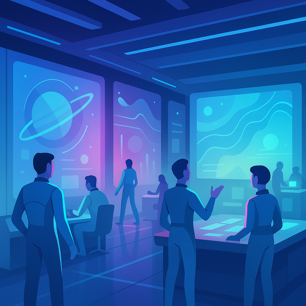 Escena futurista de personas entrenando para misiones espaciales en un entorno tecnológico